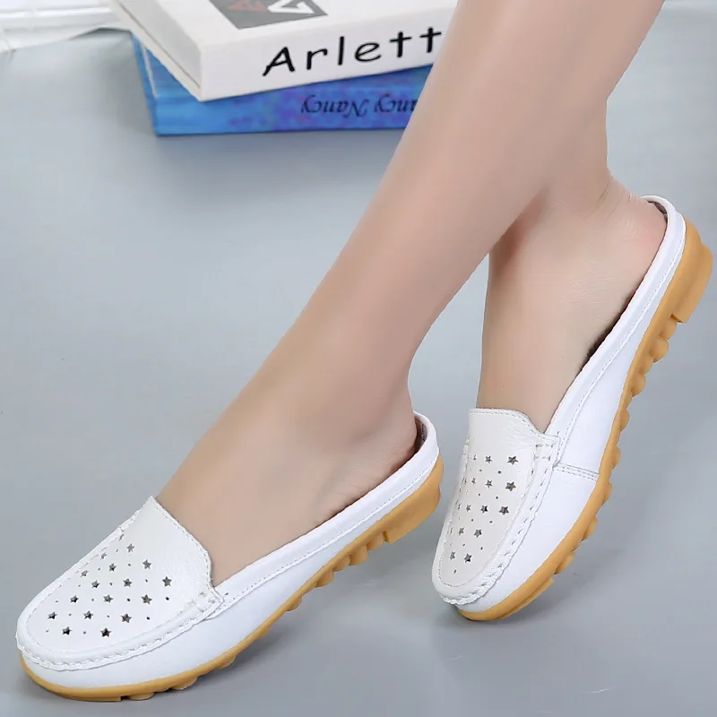 2024 New Flats Women\'s Shoes Summer Genuine Leather Moccasins Women Loafers Cut-outs Slippers Casual Shoes Woman Sandals