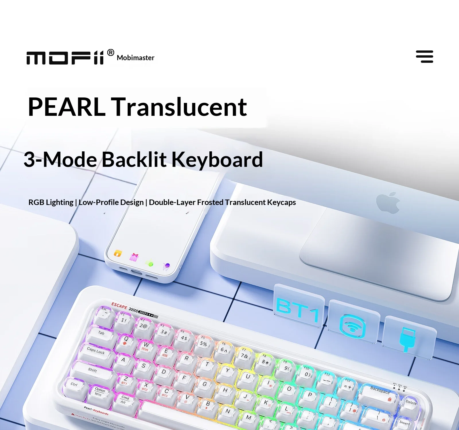 MOFII SK711 Wireless Keyboard 68 Keys Pearl Jelly Keycaps Bluetooth 2.4G Wired Ergonomic Office Membrane keyboard For Girl Gifts
