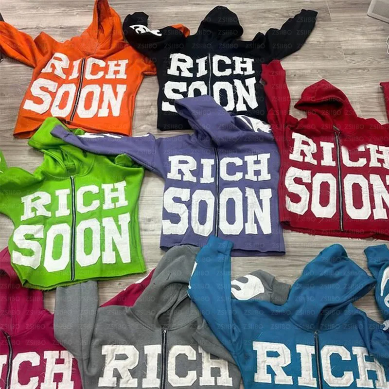 2025 new Y2k American color letter embroidery zipper hoodie Men's fashionable high street knitted sweatshirt Retro casual