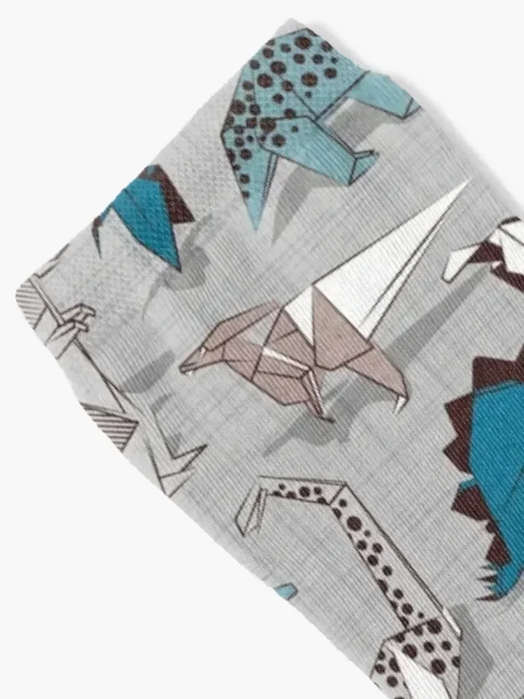 Origami dino friends // grey linen texture background blue white and beige dinosaurs Socks cycling Man Socks Women's