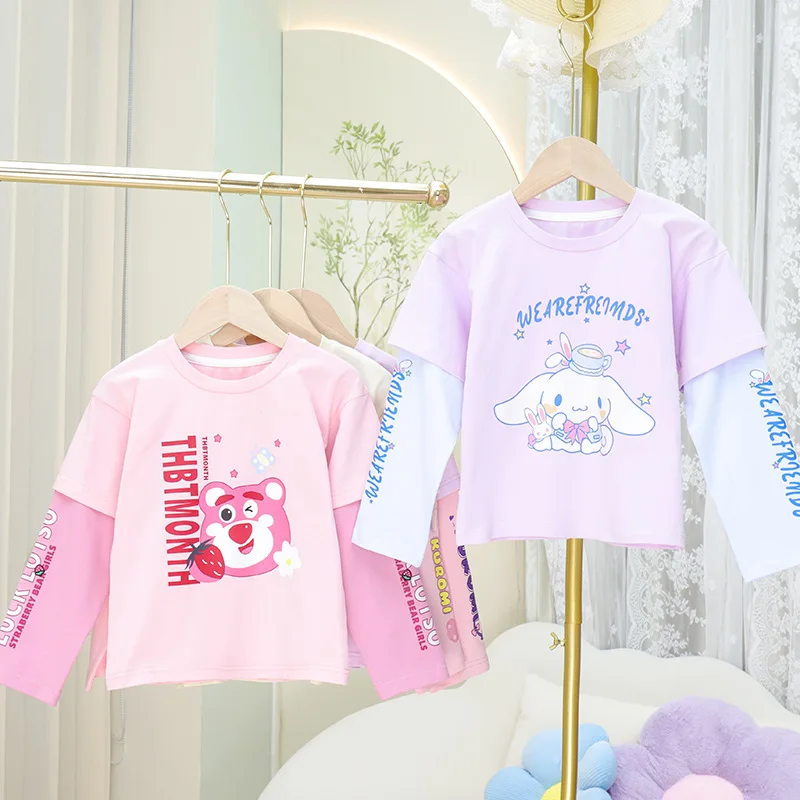 

Sanrio Anime Kuromi Cinnamoroll My Melody Children Long Sleeve T-Shirt Autumn Fake Two Casual Cotton Tops Kids Clothes Girl Gift