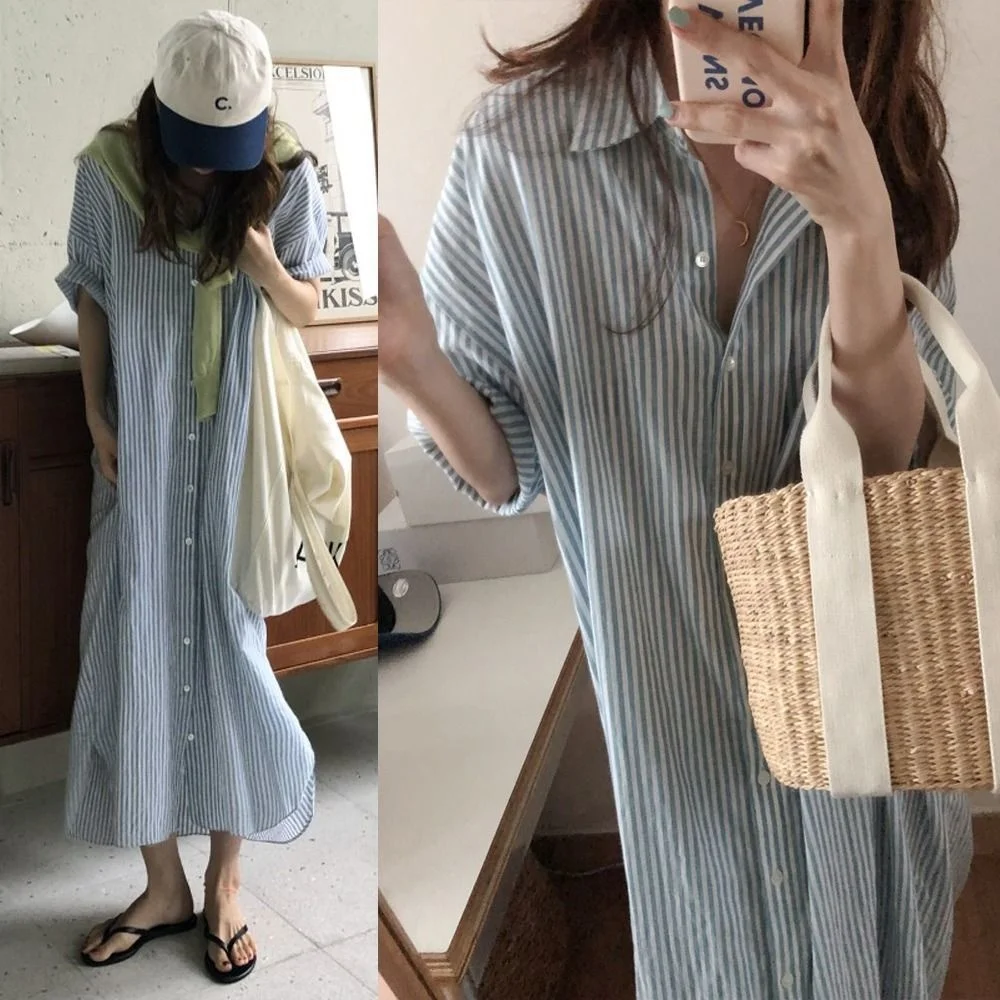 Retro Korean Style Summer Striped Shirt Dress Knitted Loose Long Sleeveless Knitwear Polo Collar Vintage Fashion for Teens