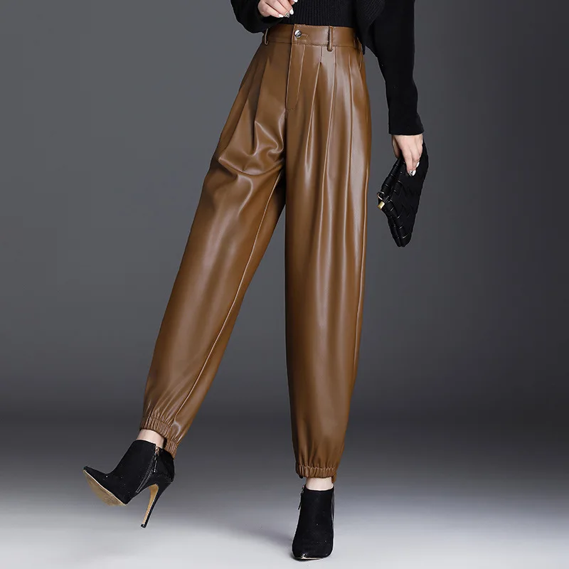 Autumn and Winter New Fashion Korean Version of Casual High-waisted Slim Radish Pants, Elastic-waisted Pu Leather Pants Women