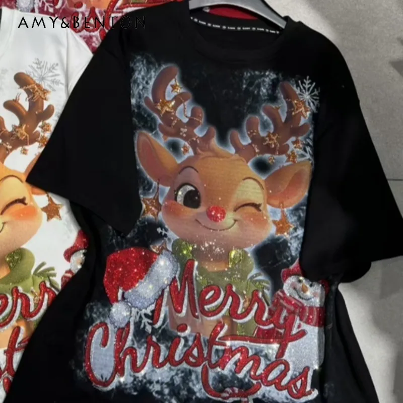 

Heavy Industry Diamond Drills T-shirt Christmas Deer Cartoon Short-sleeved Polished Thickened Autumn Winter Loose Oversized Tees