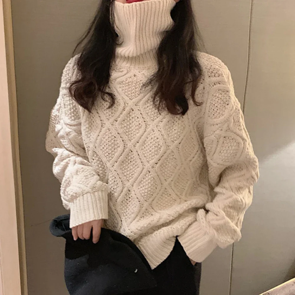 

2021 Women Knits Sweater Fashion Long Sleeve Round Neck Solid High Collar Pullover Casual Elegant Autumn Winter Women Tops Trend