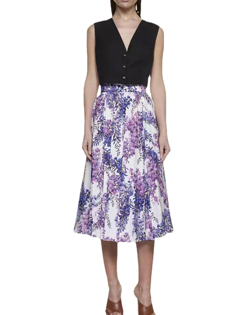 Casual Dames Geplooide Losse Rok Mode Hortensia Print A-Lijn Falda Plisada Saias Femininas Chifon Rok