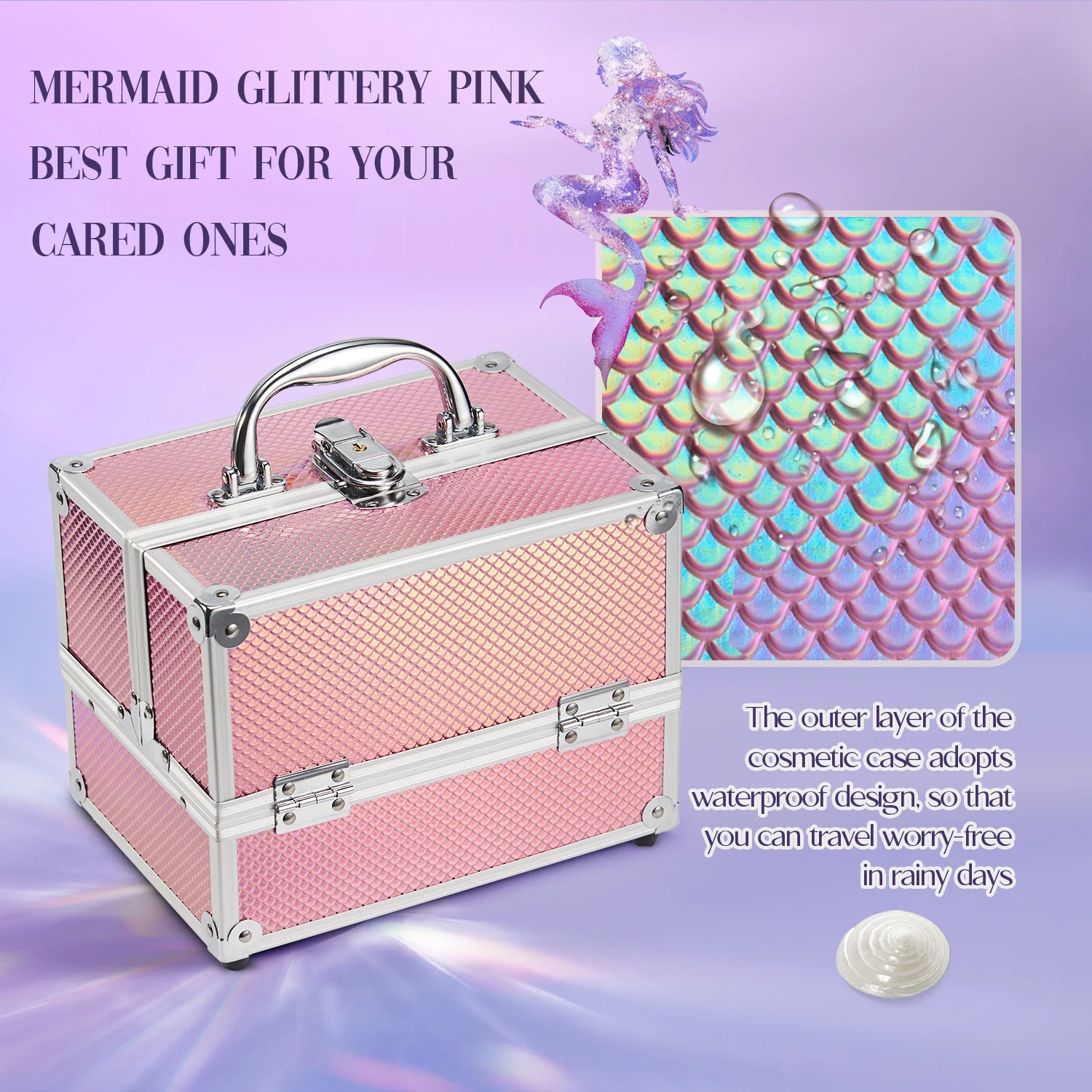 Portable Makeup Box Lock Mermaid Alloy Cosmetic Case with 4 Trays Girl\'s Jewelry Nail Hair Accessory Storage Organizer Suitcase