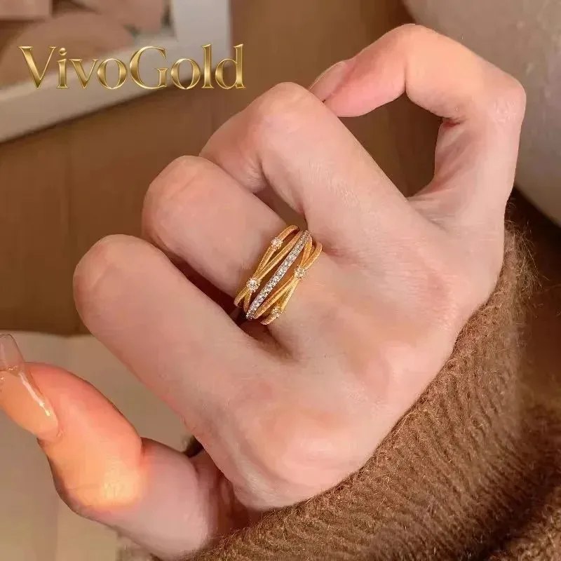 

VivoGold VivoGoldBrushed multi-layered wrap 9999 24K Real Gold Ring New Fashionable Light Luxury Micro-Inlay Super Flash Exquisi