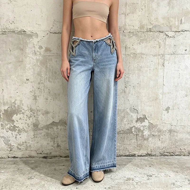 ZAMOR HIGH END American Vintage Street Style Jeans Women Design Rhinestone Hollow Low Waist Straight Pants 2026