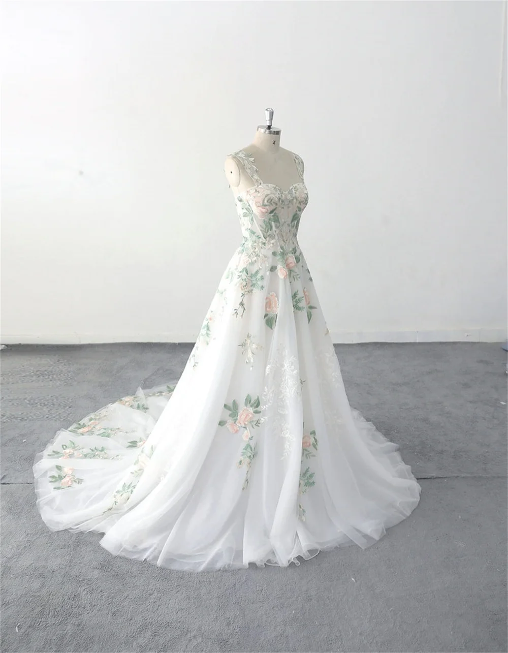 Cathy White Floral Print Wedding Dresses Long Tail A-line Tulle فساتين سهرة Elegant Sleeveless Floor-length vestidos de fiesta