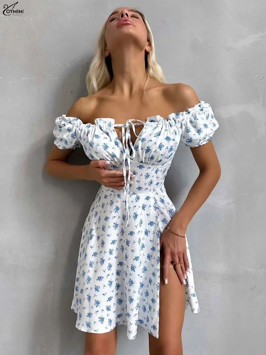 

Oymimi Fashion White Print Womens Dresses Elegant Strapless Short Sleeve Lace-Up Dresses Autumn High Waist Side Slit Mini Dress