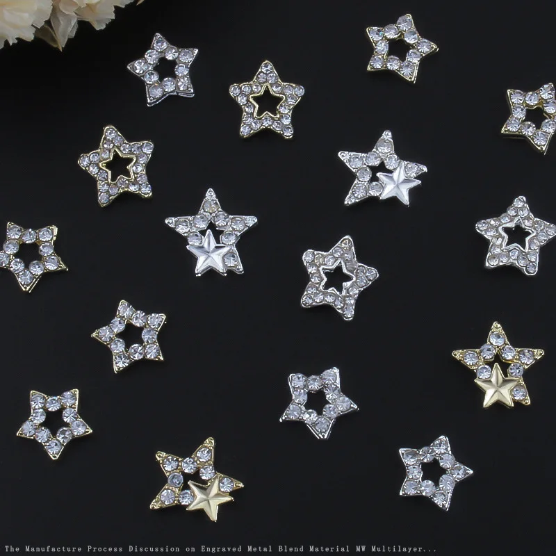 

10PCS Silver Gold Crystal Nail Charms Jewel Star Shape Hollow Shinny Nail Parts Gems Rhinestones Nail Art Decoration Accessories