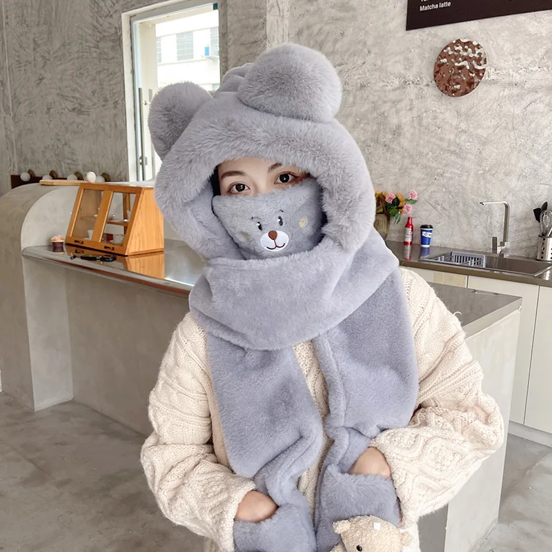 Winter Hat Female Scarf Gloves Cute Bear Hat Girl Students Warm-Keeping Scarf Plush Three-Piece Set Scarves Glove Sweet Muffler