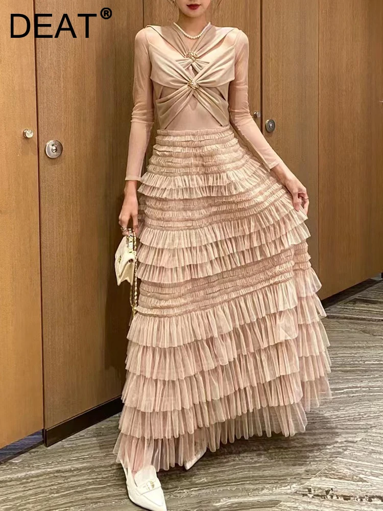 DEAT Elegant Dress Cross Kink Hollow Out Metal Buckle Gauze Cake Women's Evening Party Dresses 2025 Spring New Fashion 35Z1426