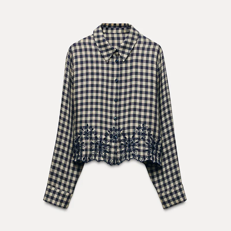 Spring New Arrival Women's Long Sve irt Embroidered Plaid Stand Collar Street Sle Regular Thin Chinese Made