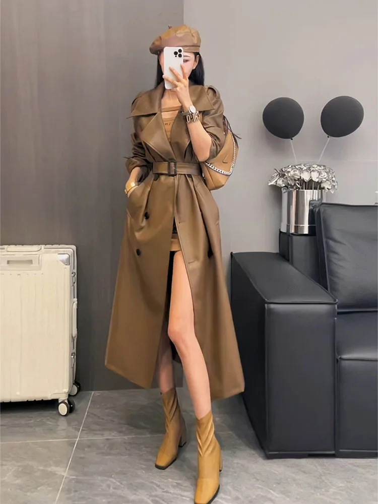 Spring Autumn Extra Long Oversized Cool Black Pu Leather Trench Coat for Women Belt Runway Fashion 2024