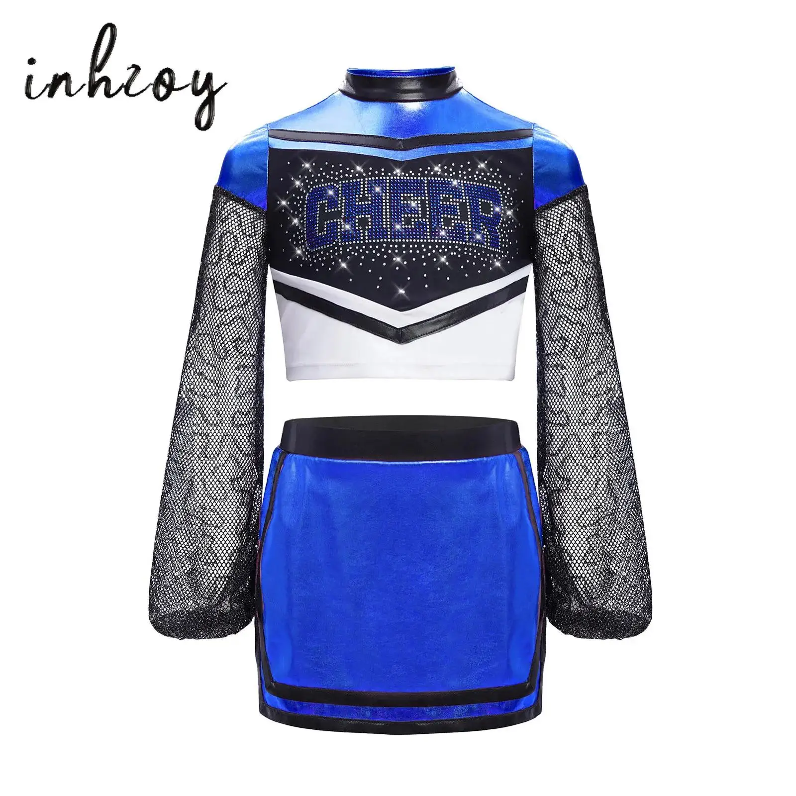 

Kids Girls Cheerleading Uniform Hip Hop Dance Costumes Hollow Out Mesh Long Sleeves Sparkly Rhinestone Letters Crop Top+Skirt