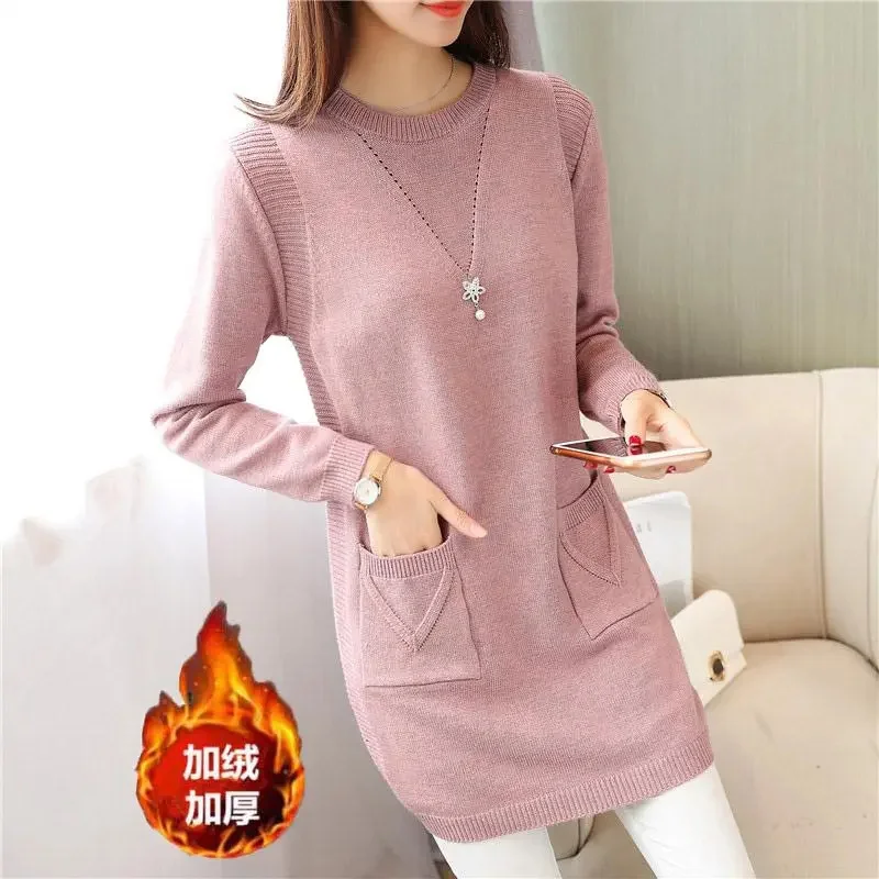 Women\'s Thicken Long Sweater Loose Medium Length Knitted Bottoming Shirt Female Autumn Winter Warm New Korean Pocket Sweaters