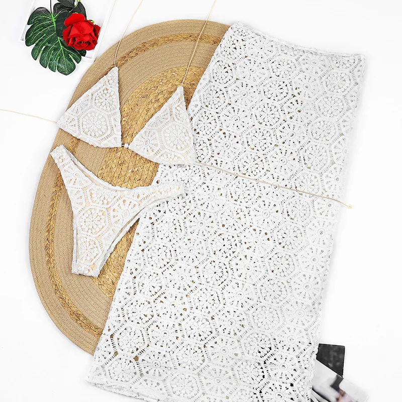 Sexy White Lace 3 Pieces Bikinis Sexy Women Swimsuits Female Swimwear Bikini Set Bathing Suit Swimming Suits Beachwear Biquini