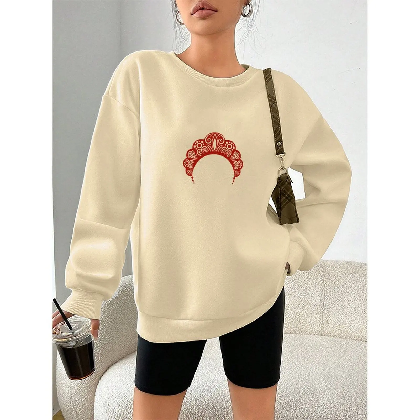 

Women Round Neck Long Sleeve Velvet Winter Casual Comfortable Russian Kokoshnik Print Sweatshirt Pullovers Autumn Woman Clothes