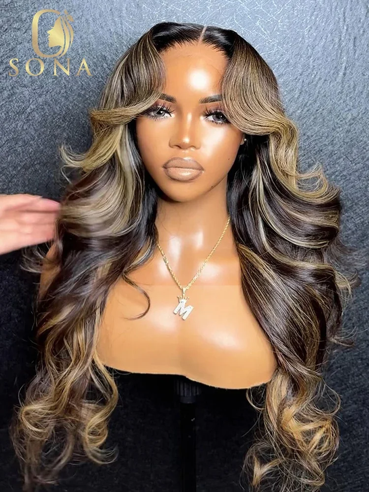 

Promotion 1B/27 Transparent 13x6 Lace Frontal Body Wave Human Hair Wig Brown Stripe Highlights Honey Blonde PrePlucked For Women