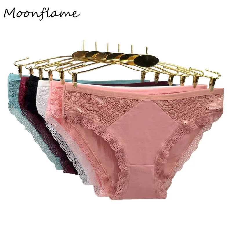 Moonflame 5 Pcs / Lots Women\'s Cotton Briefs Sexy Lace Panties M L XL