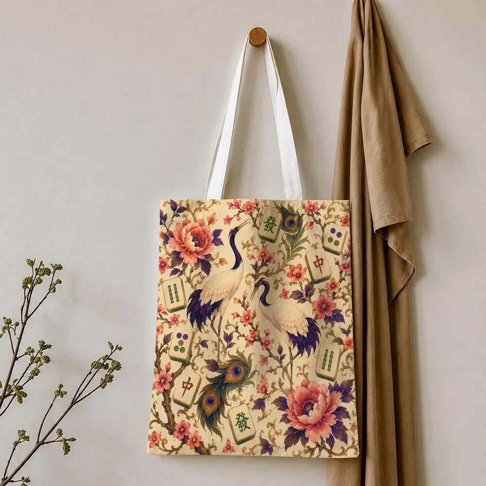 Phoenix & Peacock Mahjong Garden Storage Bags Tote Bag Reusable Shoulder Shopping Foldable For School Work Travel Daily Use