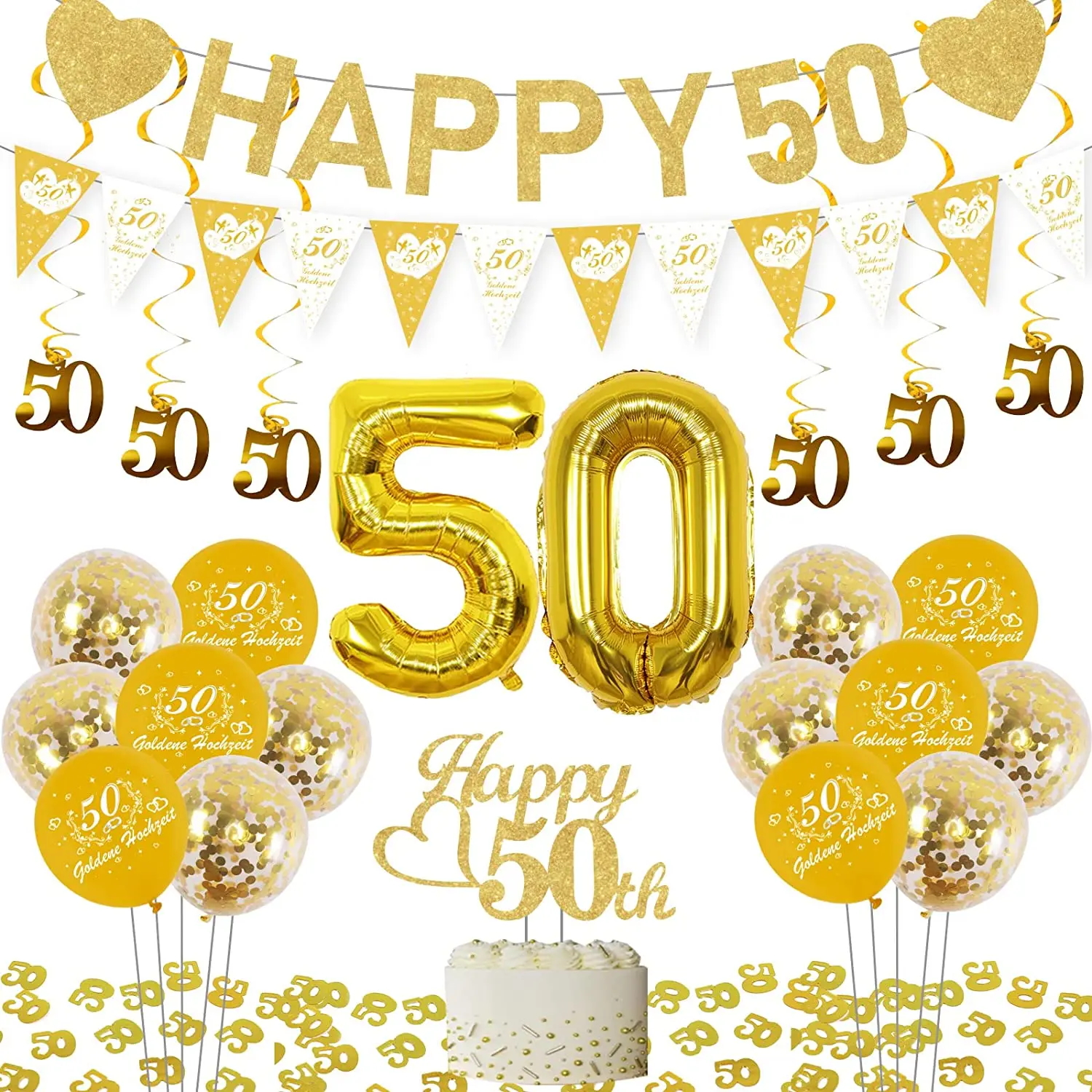 

Golden 50th Anniversary Decoration Set Happy 50 Glitter Banner Cake Topper Hanging Swirl for 50th Wedding Anniversary Decoration