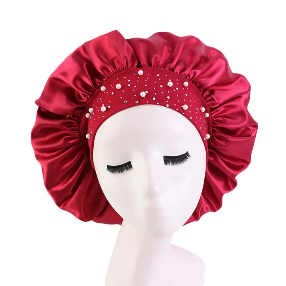 Women Bonnet Cap Solid Color Faux Pearls Rhinestone Elastic Band Bouffant Hat for Hair Salon