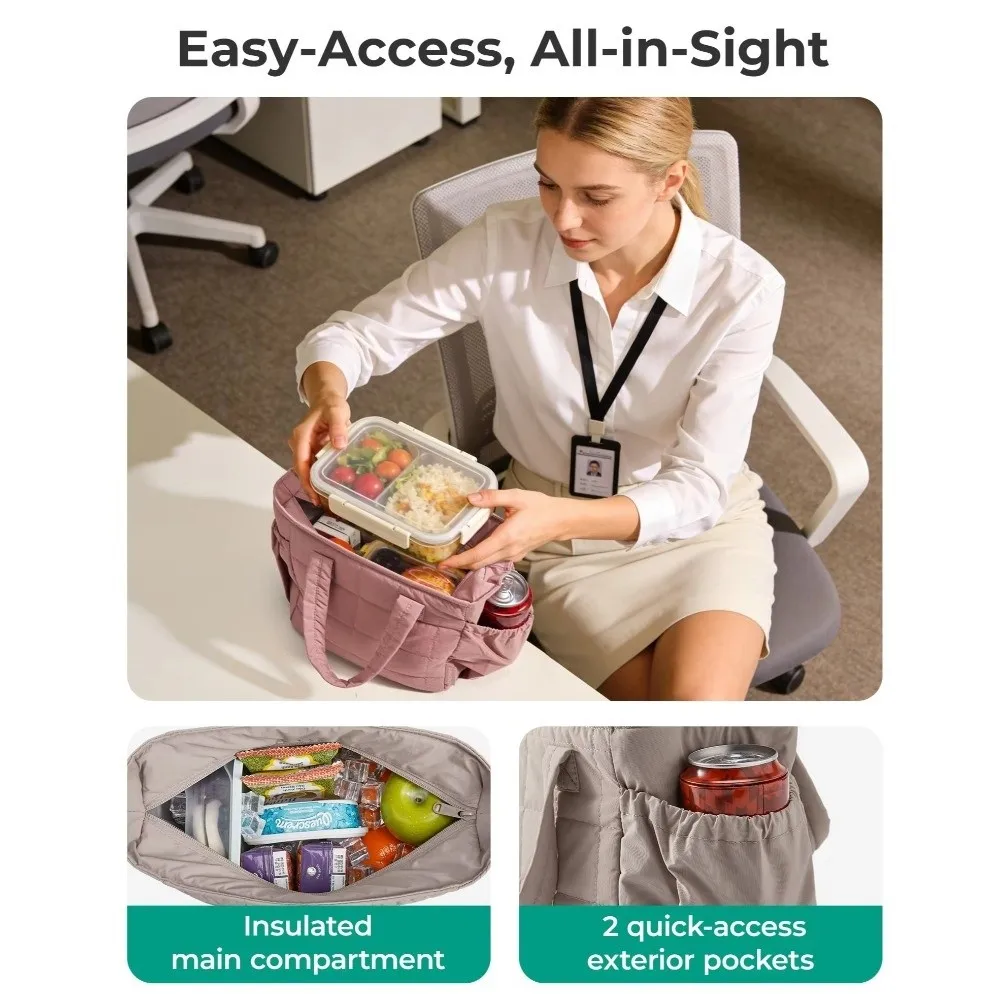 New Quilted Lunch Bag Solid Color Lightweight Insulated Handbag Reusable Large Capacity Tote Bag for Work Picnic