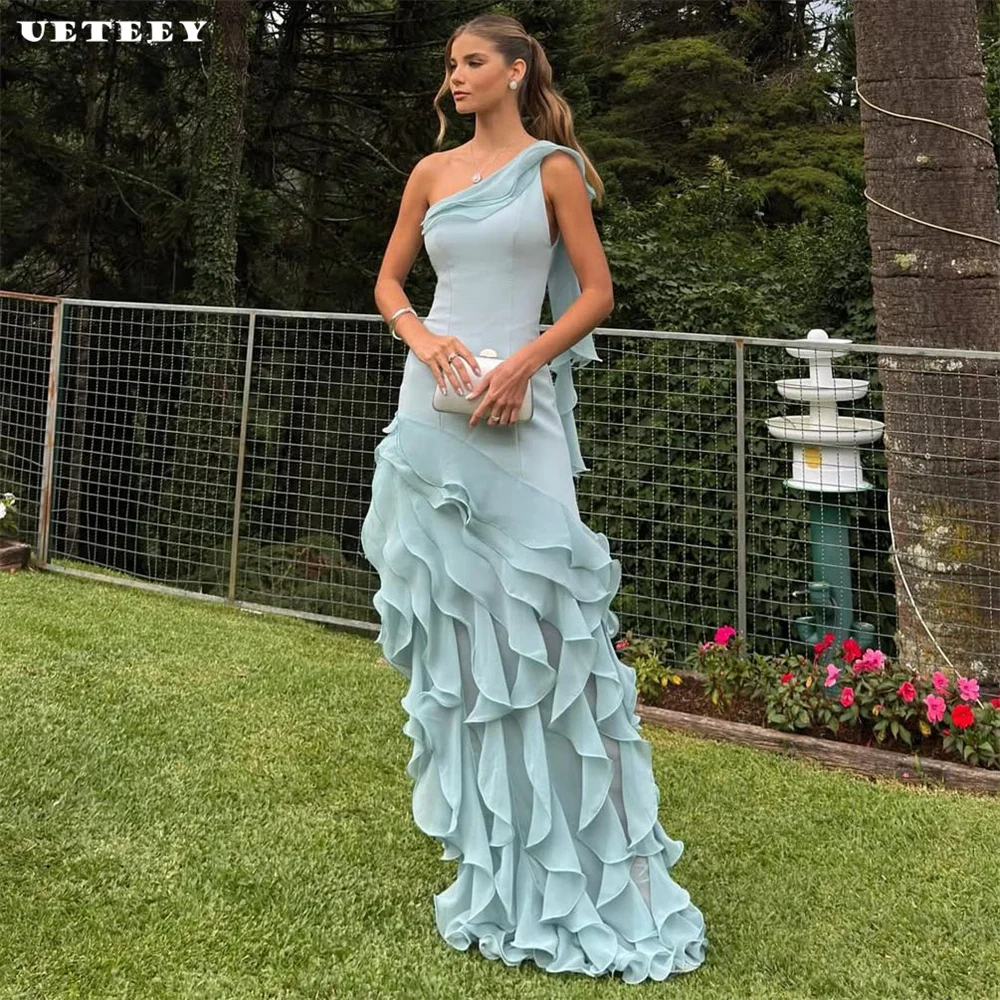 

UETEEY Customized One Shoulder Ruched Crepe Chiffon Sheath Prom Dress For Women Party Gown Zipper Back Floor Length Evening Gown