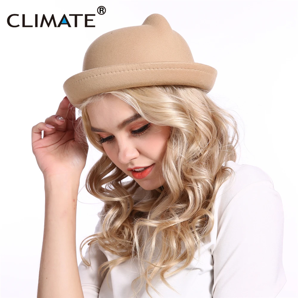 CLIMATE Women Cute Fedora Hat Hats for Woman Lovely Cat Ear Fedoras Fascinator Girls Cap Cute Fashion Polyester Woolen Cap Hat