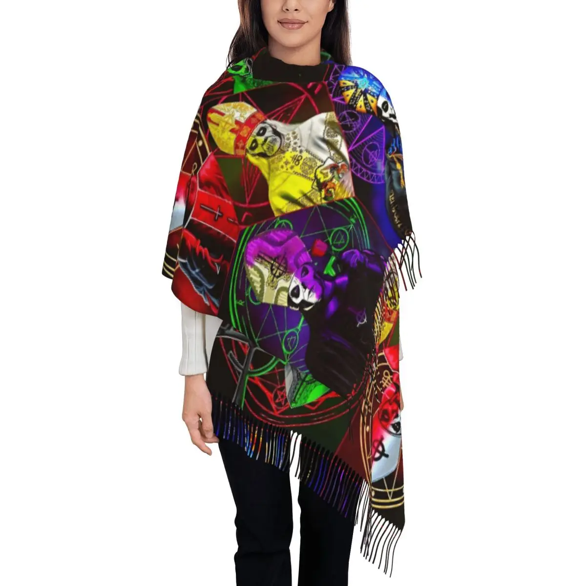 

Шаль Ghost Band для женщин, зимний большой мягкий шарф, шведский рок-группа, шарфы с кисточками из пашмины на Хэллоуин