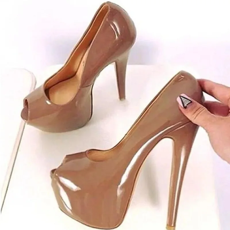 

Brown Patent Leather Peep Toe Platform Pumps Super High 16cm Heels Woman Dress Shoes Shallow Slip-on Party Wedding Shoes Bride