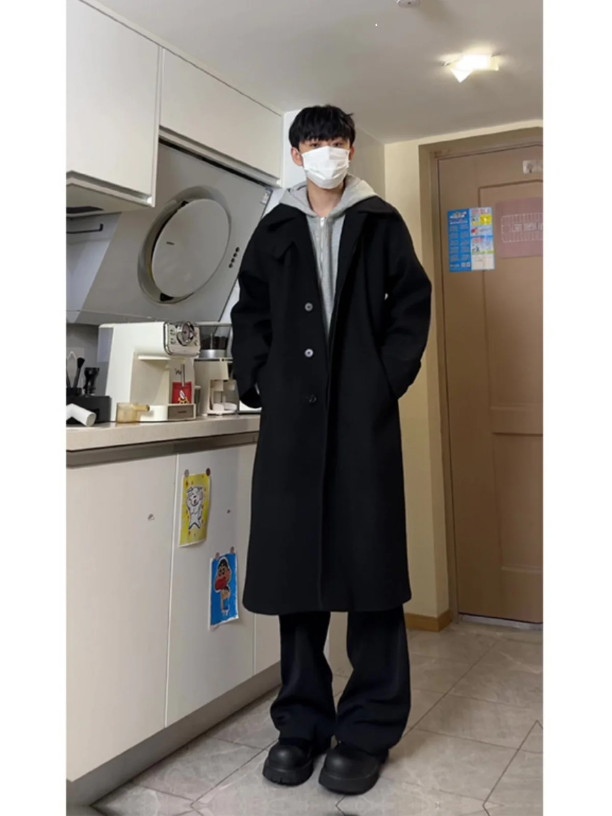 

Korean Sle Men's Long Woolen Coat Winter Extended Over-Knee Windbreaker Briti Sle Cotton Added Outerwear