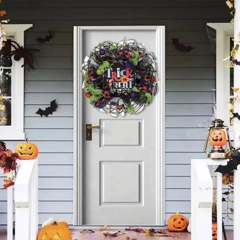 

Halloween Front Door Wreath Artificial Halloween Garland Spider Web Wreath With LED Lights Halloween Door Sign Handmade Creepy