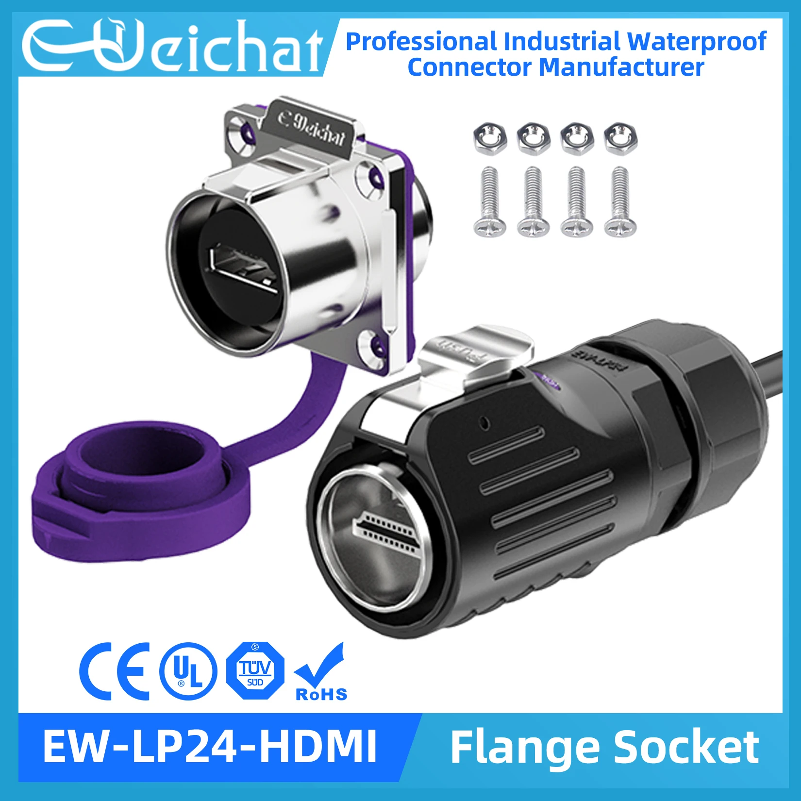 LP24 HDMI Waterproof Connector IP68 Industrial Circular Aviation Date Connector Plug With 1m Cable