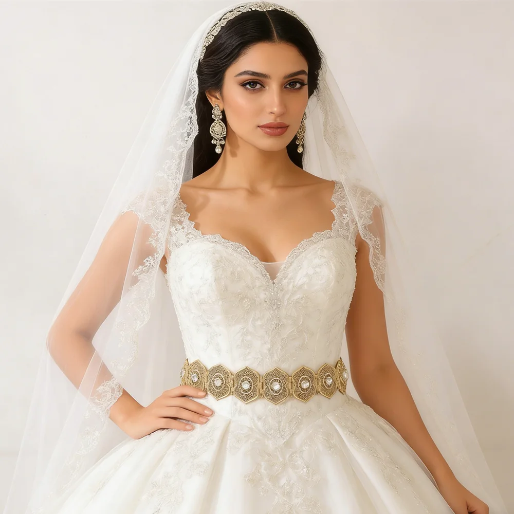 Golden Plated Ethnic Waist Belt with Clear Crystals Adjustable Chain Belt for Bridal Traditional Wear