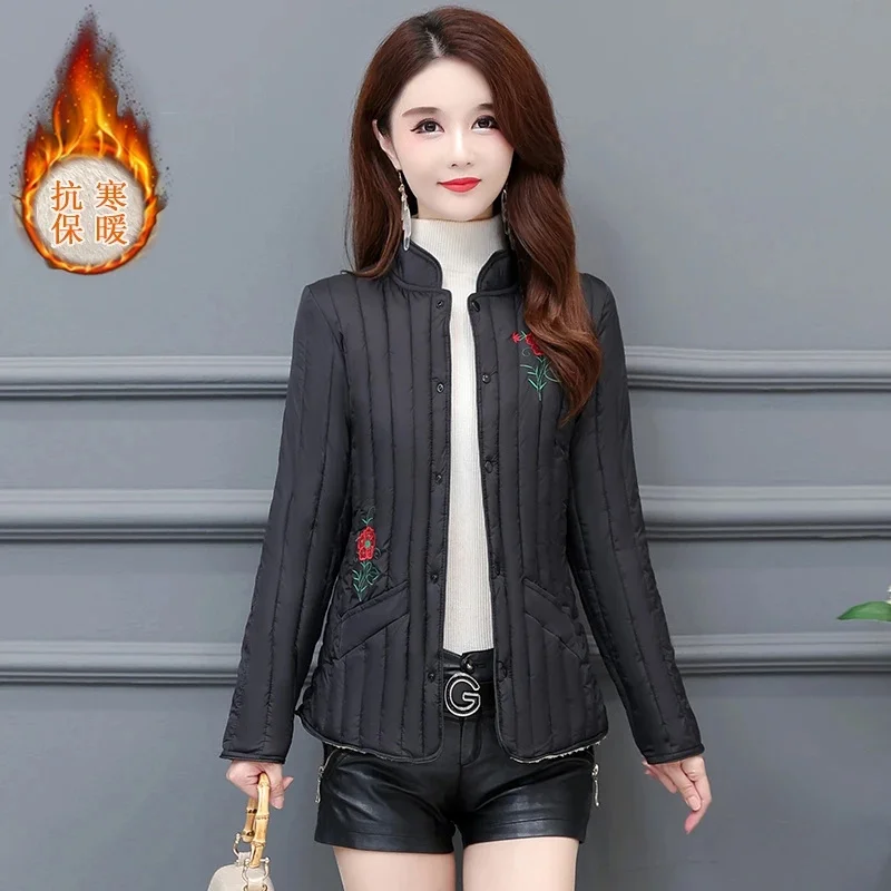 

Fashion Embroidered Down Cotton Coat New 2025 Autumn Winter Added Velvet Overcoat Middle-aged Elderly Women's Cotton Jacket