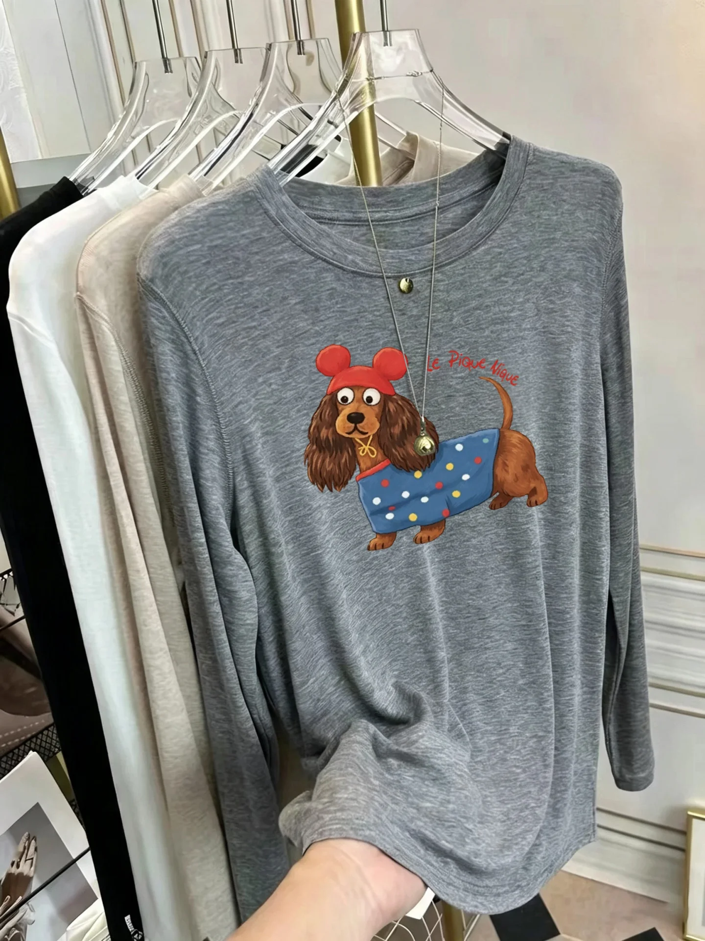Korean Style Women's Long Sleeve T-Shirt Soft Sunscreen Print Thin Mask Base Shirt Early Autumn Fashionable Cotton Tee