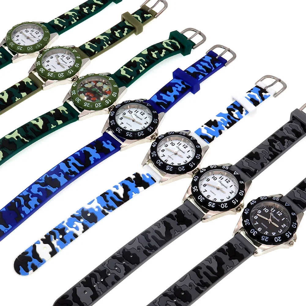 7Pcs Kids Quartz Wristwatch for Boys and Girls with Silicone Military Camouflage Strap Birthday Gift Students Watch