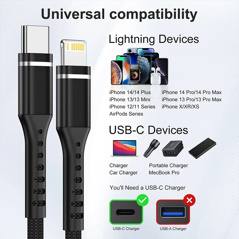 كابل USB C إلى Lightning PD 20W MFI معتمد للشحن السريع من النايلون المضفر لهاتف Iphone 14 13 12 11 Pro Max XR XS X 8 7 6