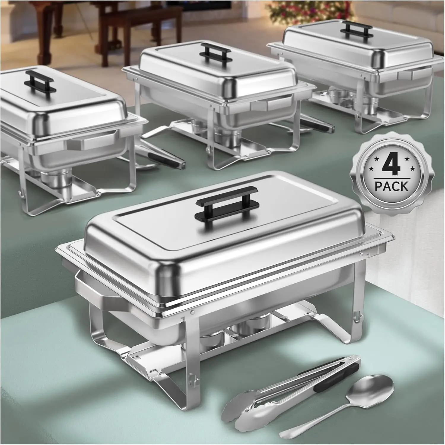 

Chafing Dish Buffet Set,4 Pack 9.5QT Chafing Dish High Grade Stainless Steel Chafer Complete Set,Gray Handle, Kitchen and Dining