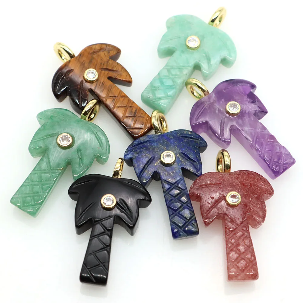 30mm Coconut Tree Shape Pendant with Zircon Natural Stones Crystal Carved Palm Trees Charms for DIY Jewelry Accessories