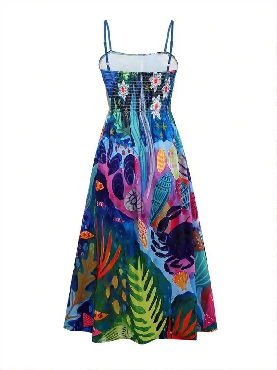 

Bohemian Seaweed Shell Print Spaghetti Strap Loose Maxi Dress For Women