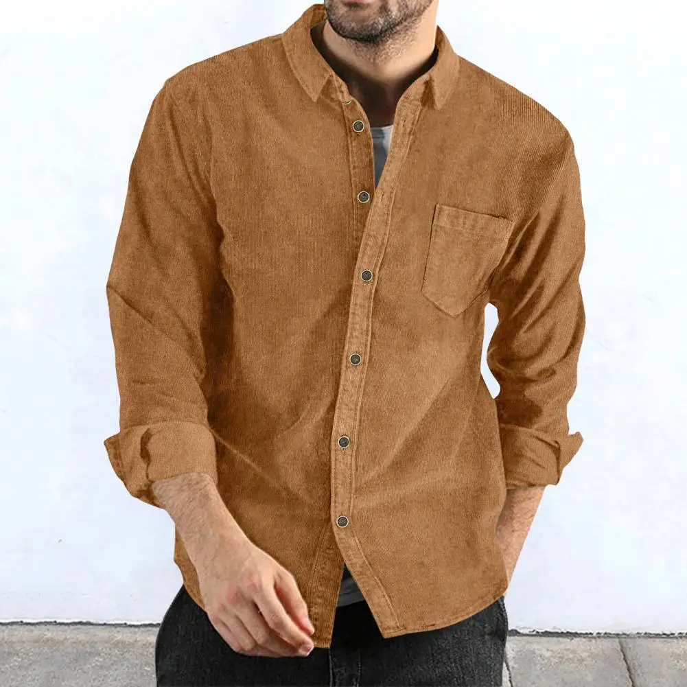 Men's Autumn Casual Loose Jacket Tops Male Fashion Solid Long Sleeve Corduroy Shirt Men's Business Lapel Single-breasted Blouse