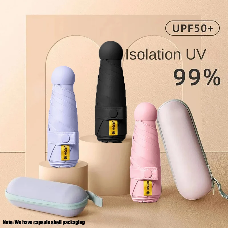 Solid Color Capsule Umbrella Portable Mini Sunshade Sunscreen Rain Umbrella Black Rubber Alloy Handle Foldable Sun Rain Dual Use