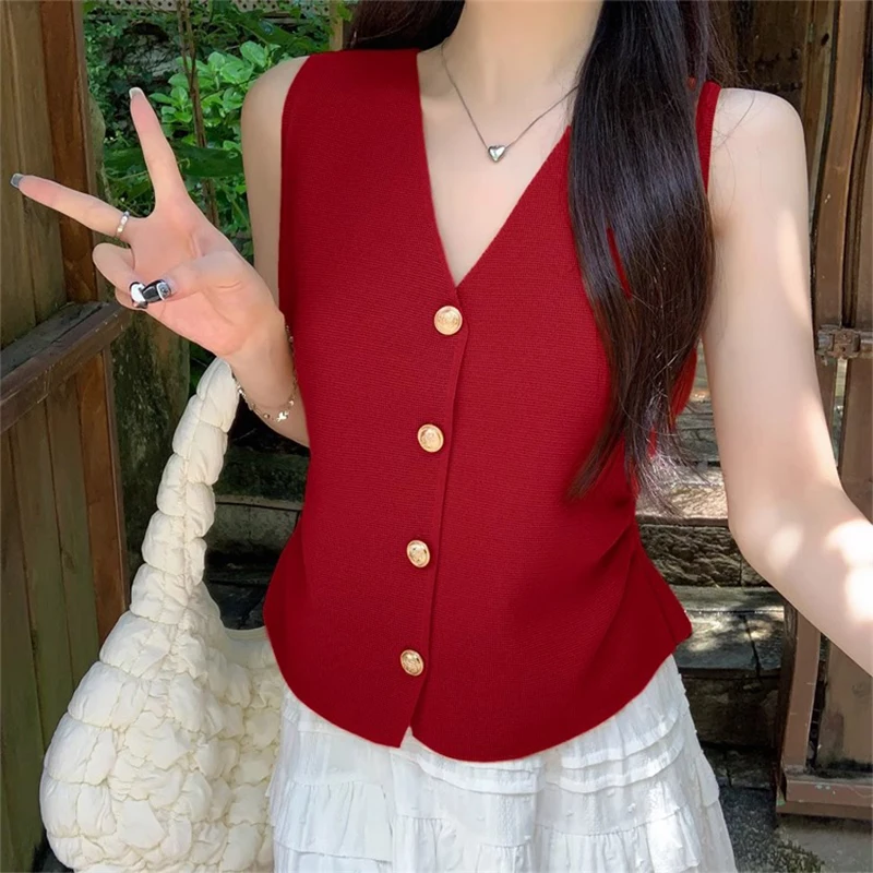 French Solid Color V-neck Single-breasted Sleeveless Slim Knitted Vest For Women