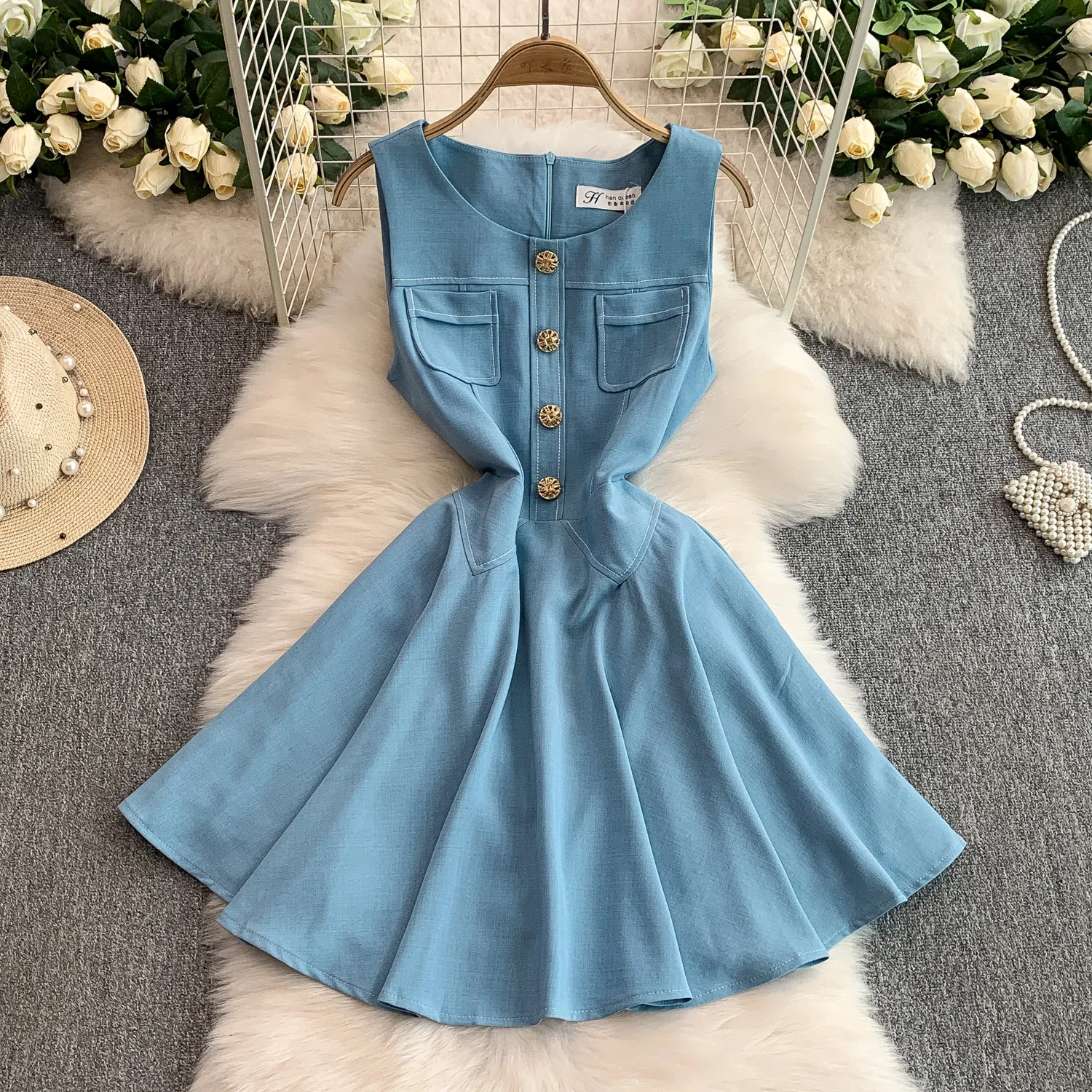 

Metal Button Sleeveless Vest Dress For Women Summer Waist Slim Big Swing A-LIne Denim Dresses Casual Holiday Beach Short Dress
