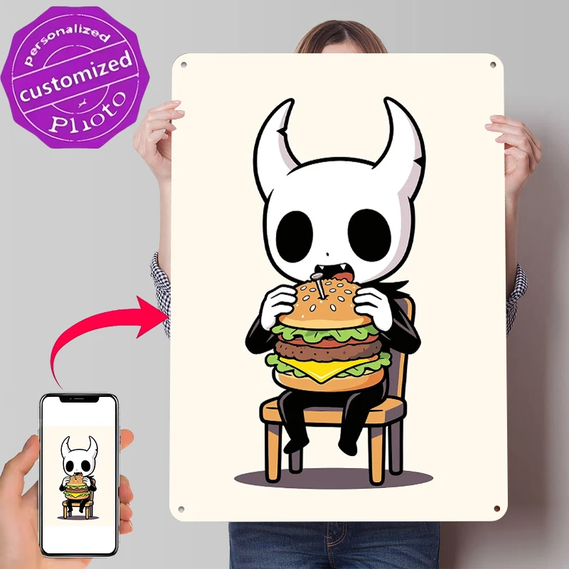 Hollow Knight Burger Poster Customized Vintage Metal Signs Wall Art Retro Tin Plaque for Home Decor Room Decoration Man Cave